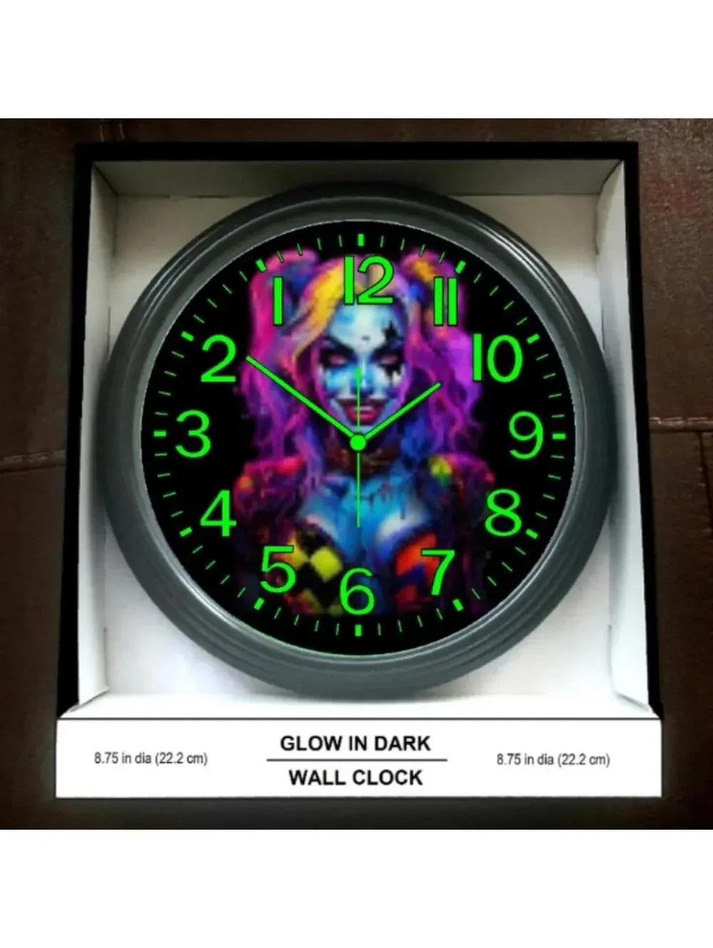 Charlie Quinn REVERSE TICKING CLOCK Glow In The Dark Wall Clock New!